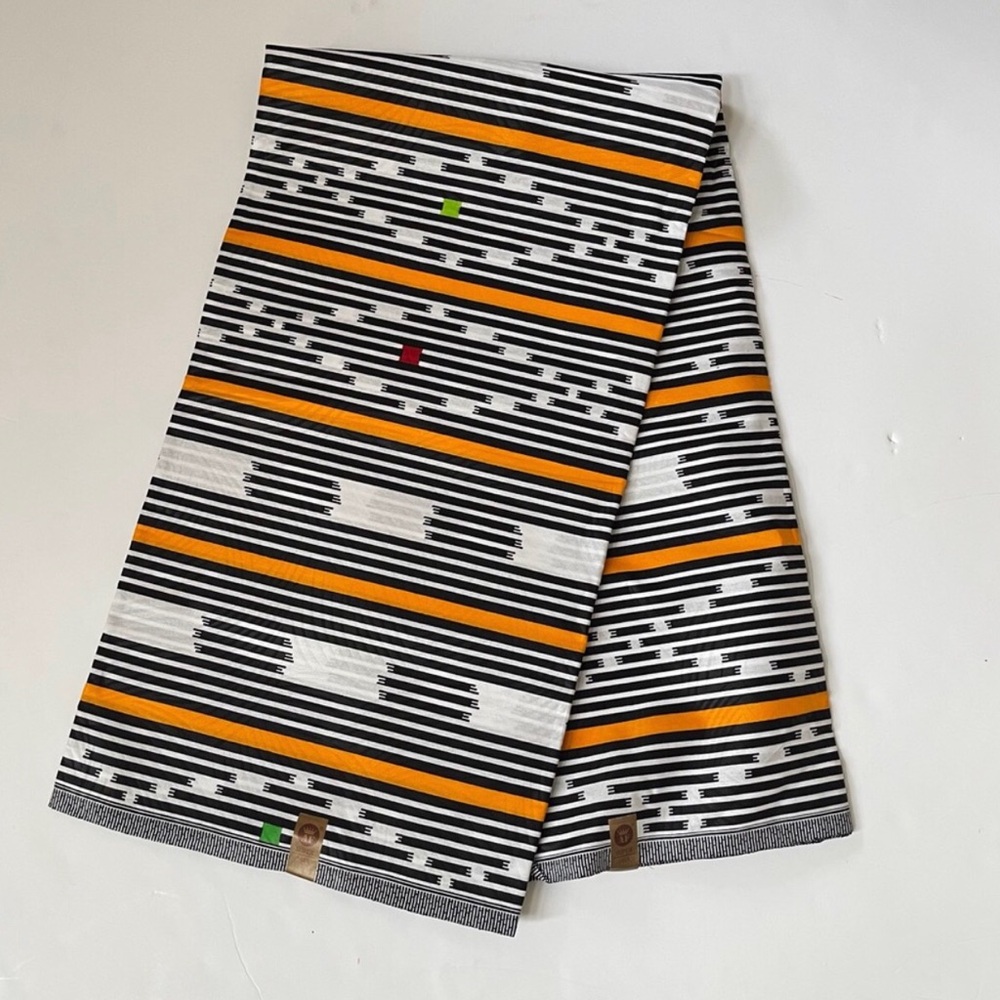 Striped Black and Orange Multicolor Cotton Fabric